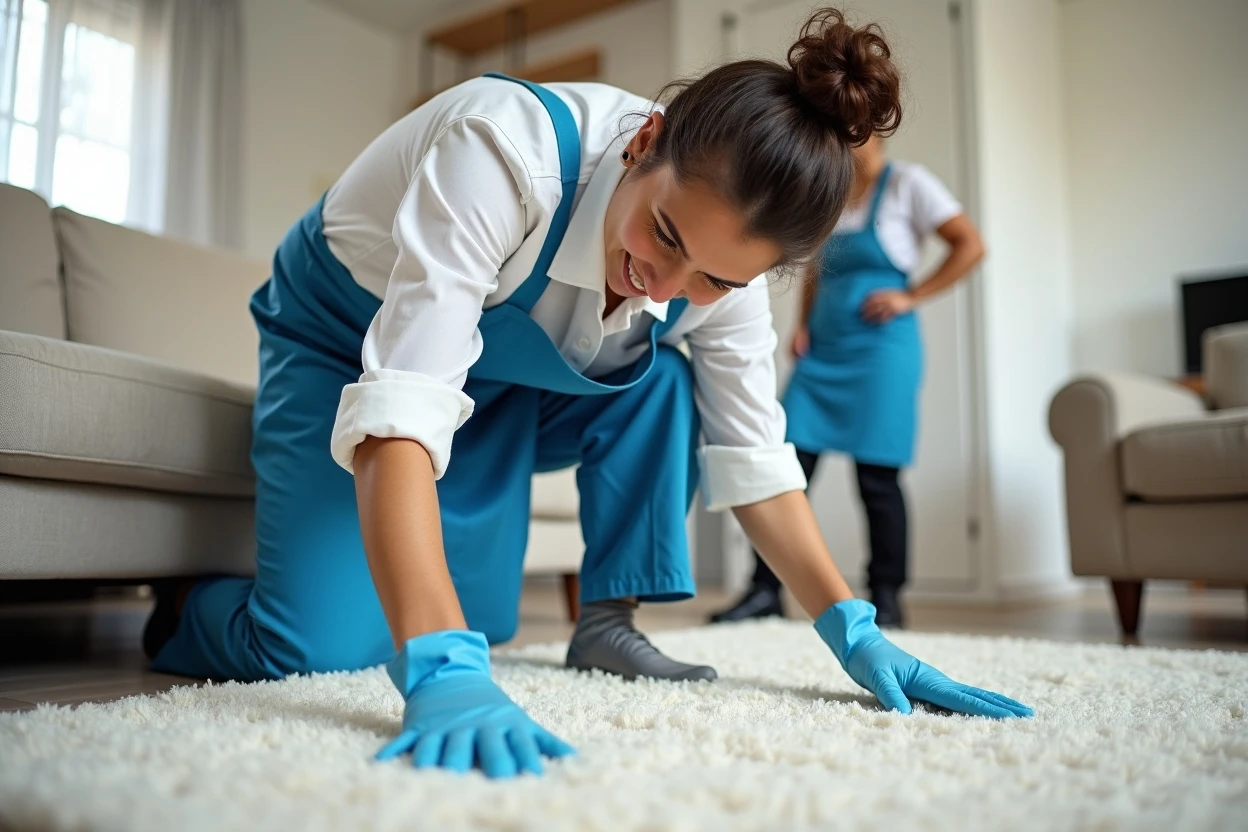 Alfombra y sofá limpios tras tratamiento profesional